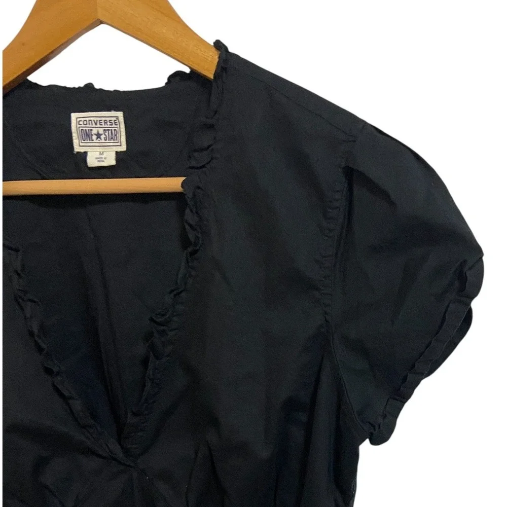 Converse One Star Black Short Sleeve Wrap Dress Ruffle‎ Trim Tie Waist Edgy M